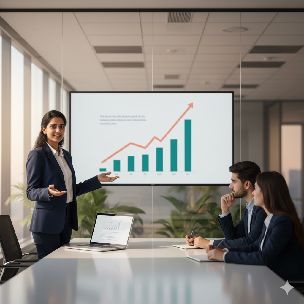 Startup founder confidently presenting funding pitch to investors with data charts and clear roadmap